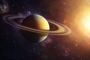 Poster - Saturn showcases its magnificent rings in a captivating cosmic backdrop with an ethereal glow from distant stars, saturn planet in space with ring Photo background live wallpaper