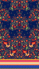 Wall Mural - Beautiful seamless fabric print with bright fairytale peacocks, berries, leaves and flowers on a deep blue background and an ornamental horizontal border. Vintage artistic pattern in boho style.