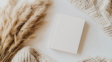 Fototapete - Flatlay of blank book, pampas grass, and knitwear on white background.