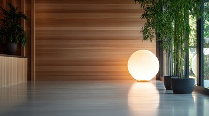 Poster - A serene interior space featuring smooth wood panels and a captivating round light fixture, creating a warm atmosphere that enhances contemporary design aesthetics and comfort.