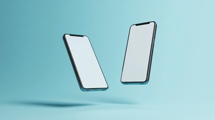 Poster - Two smartphones with blank screens levitating against a light blue background.