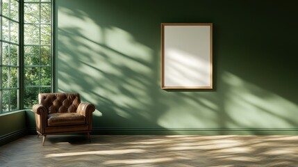 Poster - A modern green room features a cozy brown armchair beside a large window, offering natural light and a blank canvas framed picture ready for creativity and inspiration.