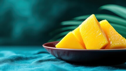 Poster - This vibrant image presents fresh mango slices arranged stylishly in a bowl, symbolizing health, tropical flavors, and the joy of fresh, delicious fruits on a summer day.