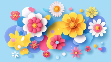 Aufkleber - Colorful paper flowers and abstract shapes on blue background.