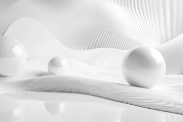 Poster - Abstract design featuring soft white spheres on textured waves creating a minimalistic aesthetic, White soft spheres Abstract background with geometric shapes 3D render