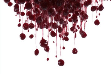 Poster - Red blood droplets cascading down against a stark white background creating a striking visual contrast and intensity, Red blood drips on white background with alpha channel