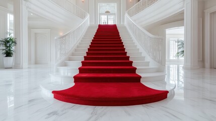 Poster - A grand white interior features an elegant staircase adorned with a luxurious red carpet, showcasing stunning architectural design and inviting ambiance for all who enter.
