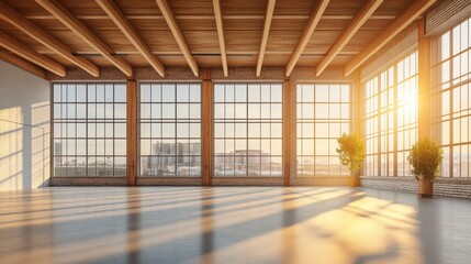 Poster - Sunlit industrial loft interior with large windows, wooden beams, and city view.