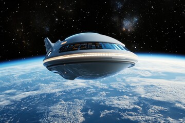 Poster - Futuristic spaceship orbits Earth showcasing advanced technology and breathtaking view of outer space, Futuristic spaceship orbiting Earth in outer space