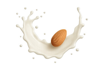 Poster - Floating almond suspended in creamy plant milk splash, realistic rendering against transparent backdrop, ideal for dairy-free marketing
