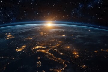 Poster - sunrise illuminating earth from space, revealing glowing cities and vast oceans, sunrise over earth 