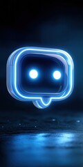 Poster - A blue and neon lighted robot with two glowing eyes. The robot is in a dark room with a blue background