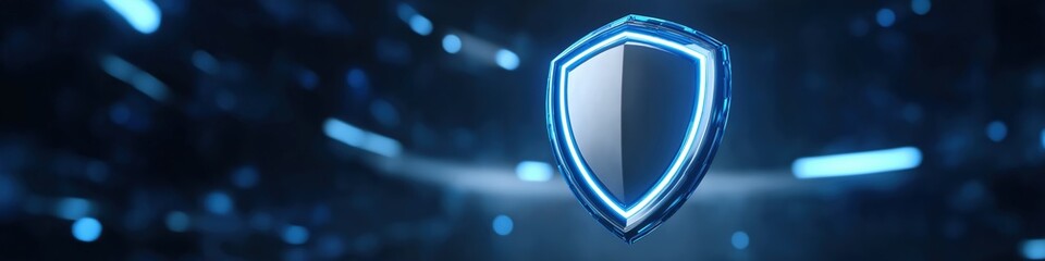 Poster - A blue shield with a glowing light on it. The shield is surrounded by a blurry background. Concept of protection and security