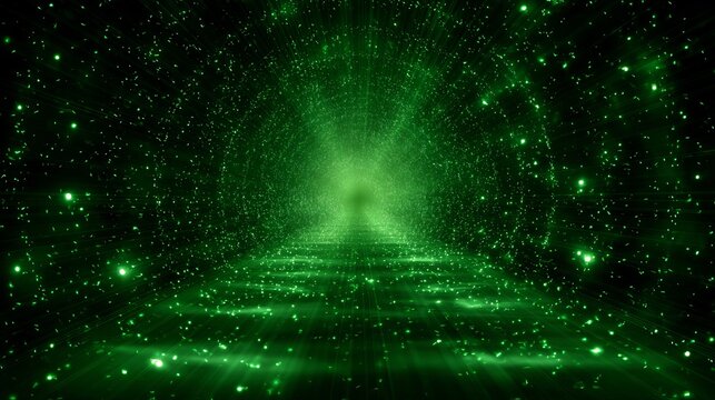 Abstract green light tunnel background with sparkling particles for wallpaper and design element