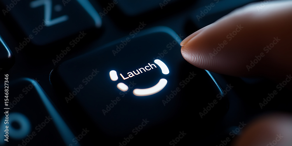Launching Idea: Finger presses illuminated 'Launch' button on black ...