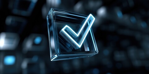 Fototapete - A glowing check mark is displayed in a blue background. The check mark is surrounded by a clear, translucent material, giving it a modern, futuristic appearance. Concept of progress and innovation