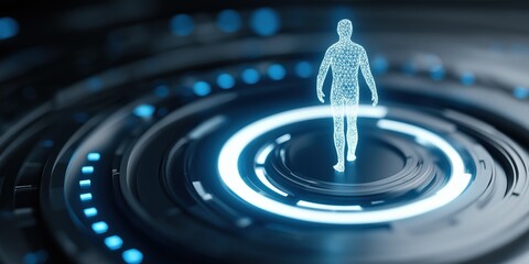 Fototapete - a man is standing in the center of a circle with a blue background. the circle is surrounded by a bl