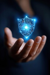 Poster - A hand holding a glowing blue shield. The shield is made of electronic circuitry and is glowing in the dark. Concept of security and protection, as if the shield is a symbol of safety and defense