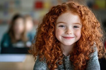 Poster - Young girl with red curly hair smiles in classroom during engaging learning activity, Young girl with red curly hair smiling in classroom