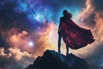 Wall Mural - superhero woman stands heroically against a vibrant galaxy background with swirling stars and cosmic
