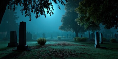 Wall Mural - A graveyard at night with a cemetery full of gravestones. The sky is dark and the moon is shining brightly