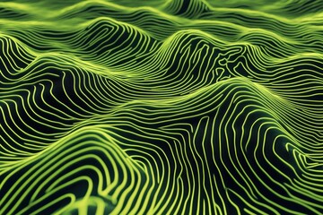 Poster - Futuristic abstract representation of distorted surface with glowing lines in vibrant green tones, Glow lines on distorted surface Abstract futuristic background Seamless 3D render