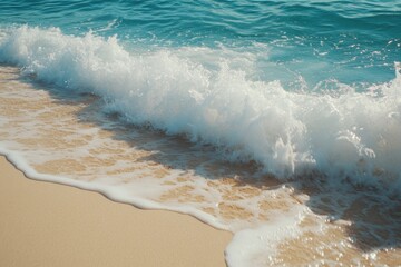 Wall Mural - Golden sand meets crystal  clear waves at a tranquil tropical beach, Tropical beach slow motion ocean wave roll on sandy sea shore