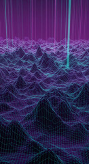 Aufkleber - Abstract purple landscape with teal wireframe grid, vertical neon lines create a futuristic, digital terrain, suitable for tech or gaming background
