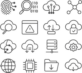 Poster - Modern Data and Network Outline Icons Set Representing Cloud Computing and Digital Security Features for Website
