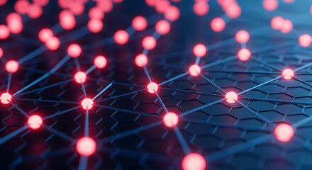 Poster - Abstract network graphic, red glowing nodes connected by lines on dark hexagonal background, symbolizing connection, technology, or communication