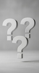Poster - Three white question marks float against light gray background, symbolizing inquiry, uncertainty, or search for answers. Minimalist design ideal for concepts of questions, puzzles, or problem-solving