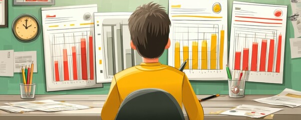 Poster - Person reviewing analytical data displayed on various colorful bar graphs and reports