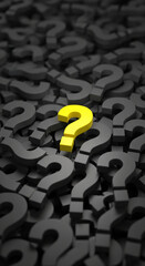 Poster - Yellow question mark stands out among many gray question marks, symbolizing unique solution or finding answers, ideal for problem-solving or FAQ concepts