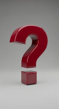 Red glossy question mark on gray background,  a 3D rendering symbolizing inquiry, uncertainty, or query