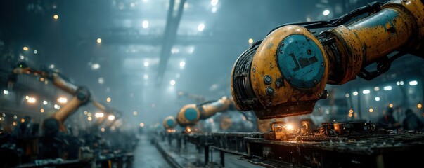 Poster - Robotic arms working in a high-tech industrial factory with futuristic lighting
