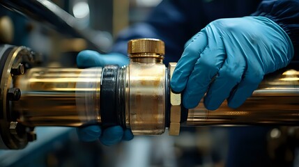 Poster - Laboratory technician in blue protective gloves working with metal equipment and glass container in scientific research facility. Close up view of precise work.