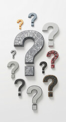 Poster - Multiple textured question marks in various colors and patterns arranged on white background, symbolizing inquiry, uncertainty, or brainstorming concepts