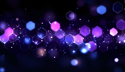 Aufkleber - Glowing hexagonal shapes in purple and blue colors floating on dark background with sparkles and bokeh effects create magical atmosphere for technology designs.