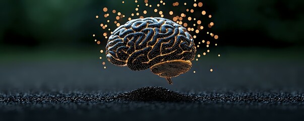 Poster - Glowing brain with orange particles floating against dark background illustrates artificial intelligence, machine learning and cognitive enhancement technology.