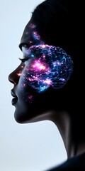 Aufkleber - Profile silhouette with cosmic brain visualization showing glowing neural networks, stars and galaxy effects in pink and blue colors against dark background.