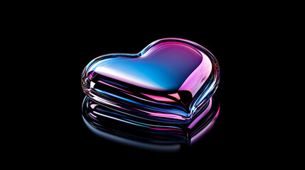 Poster - Glossy metallic heart shape with vibrant blue and pink neon gradient reflections on black background, modern romantic symbol for Valentine's day designs and love concepts.