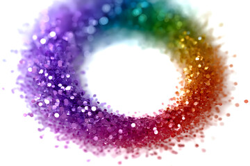 Poster - Vibrant rainbow colored circular frame made of glowing bokeh particles and light effects on white background, suitable for festive designs and celebrations.