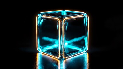 Poster - Glowing neon blue cube with transparent glass edges on dark background creates futuristic atmosphere. Luminous geometric shape reflects on surface with bright light effect.