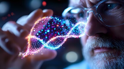 Poster - Senior male scientist with glasses observing glowing DNA helix structure with colorful particles and bokeh lights in dark laboratory setting, genetic research concept.