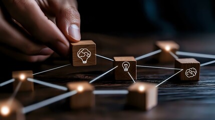 Poster - Connected wooden cubes with glowing light bulb icons forming network pattern on dark surface, illustrating business innovation and interconnected ideas concept.