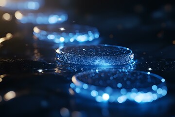 Poster - Glowing blue circular light trails with sparkles and bokeh effects on dark background create magical atmospheric composition for fantasy designs and backgrounds.