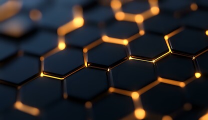 Aufkleber - Dark hexagonal grid pattern with glowing golden edges and connections, creating a futuristic technological network structure against black background.