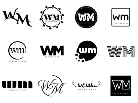 WM logo company template. Letter w and m logotype. Set different classic serif lettering and modern bold text with design elements. Initial font typography.