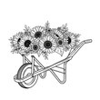 © Albina - Wheelbarrow filled with sunflowers in a hand-drawn style for gardening and decoration concepts