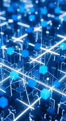 Fototapete - Abstract image of interconnected blue cubes and glowing lines, representing digital network, technology, or data flow, showcasing connectivity and modern technology